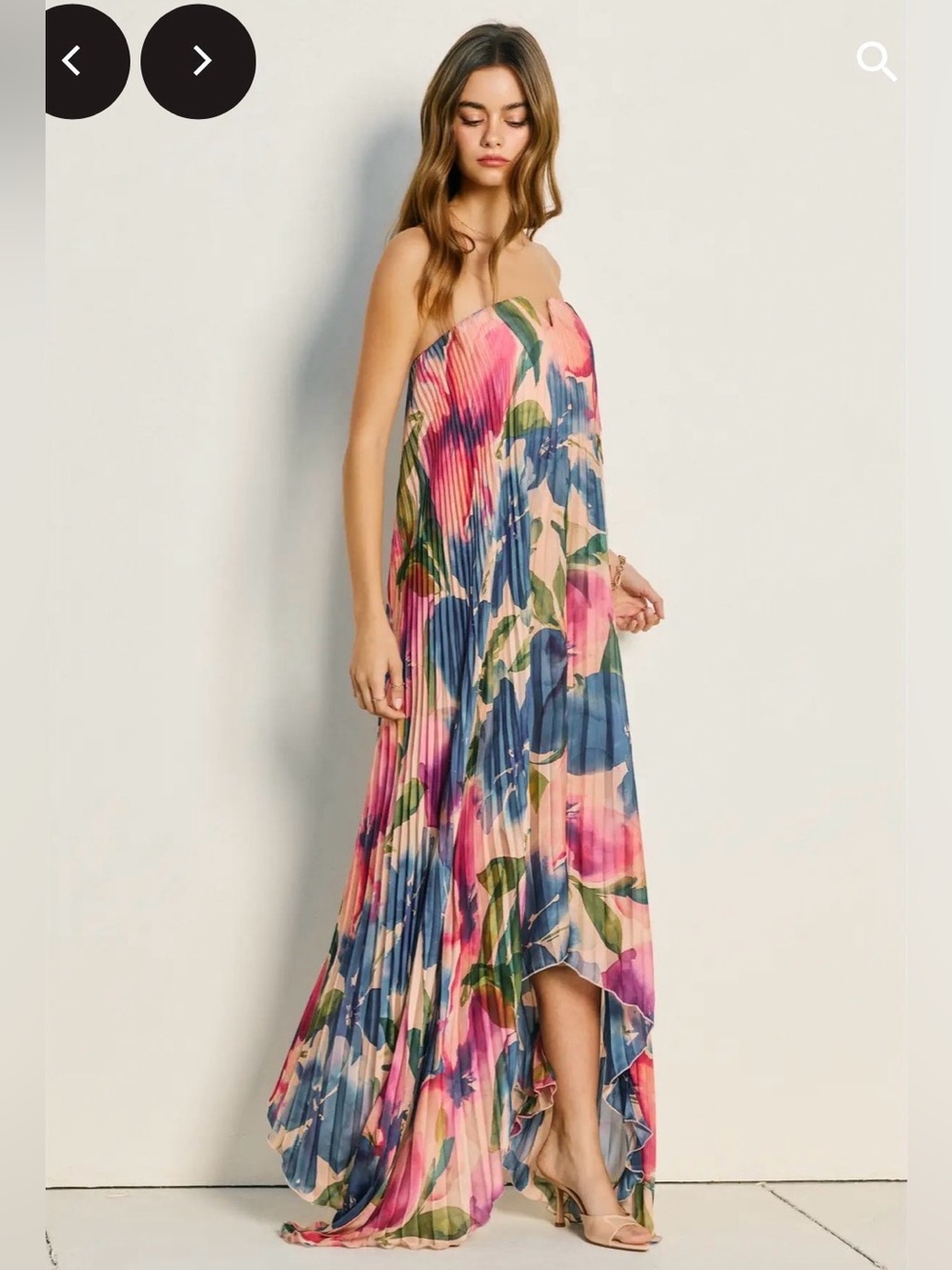 Vici Strapless Pleated Floral Maxi Dress in Pink, Blue, Green